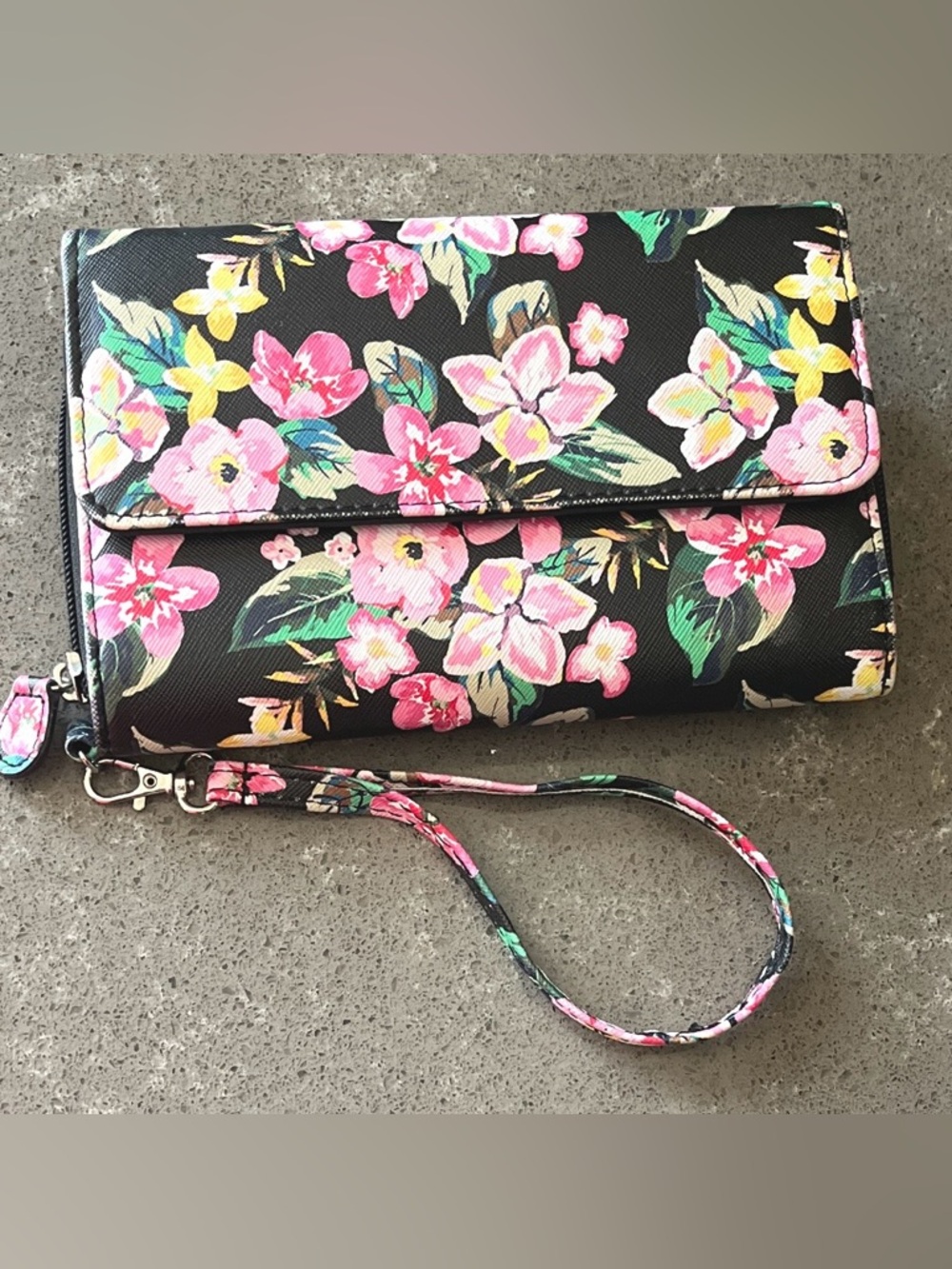 Floral Wristlet Clutch - Pink Floral on Black
